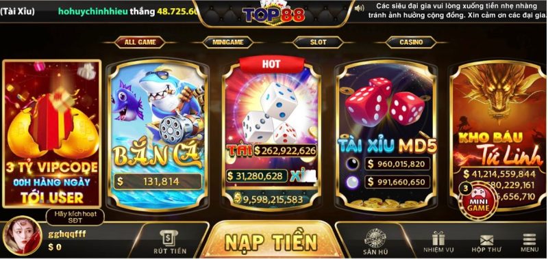 Cổng game Top88 có tỷ lệ thưởng cao và nhiều ưu đãi lớn